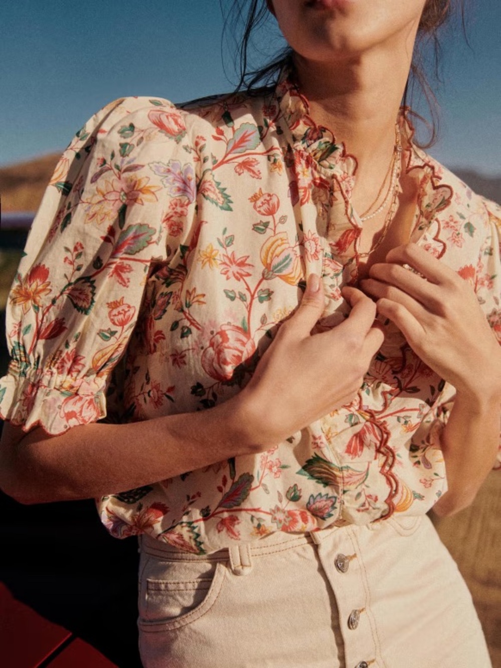 Sezane Maya Shirt - Multicoloured pastel flowers  size 42 Cottagecore Boho